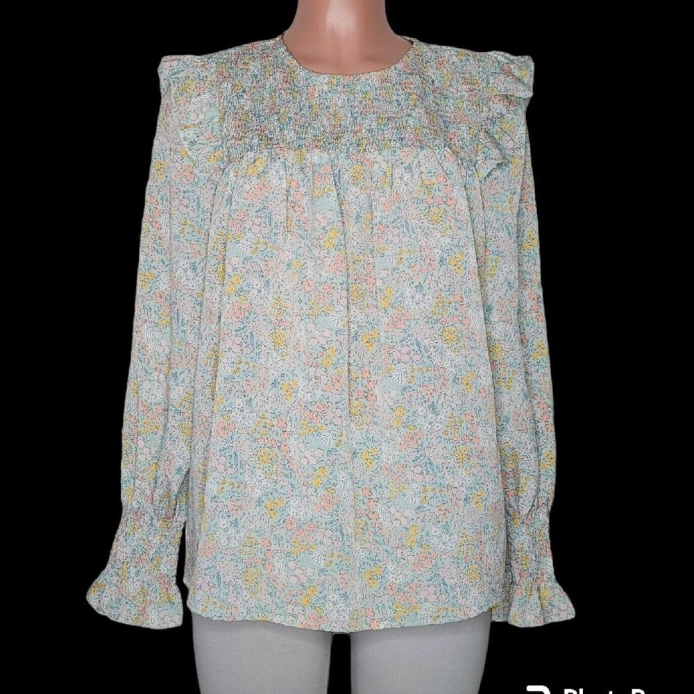 Dorose Smocked Long Sleeve Blouse Ruffles Aqua Mint Green Floral
